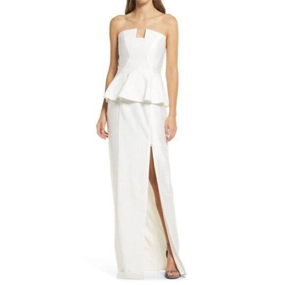 Black Halo Eve Laurel Berman White Peplum Strapless Maxi Gown Dress Slit Size 12